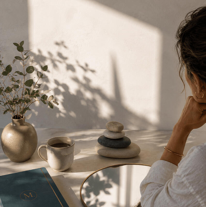 Uma mulher olha para o mar, enquanto esta sentada numa esplanada a beber um cafe